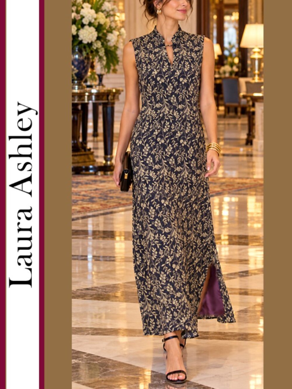 Laura Ashley | Vintage Mandarin Collar Floral Motif Maxi Shift Dress